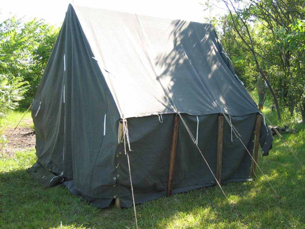 Armbruster World War II Small Wall Tent with sides down. Our tents are secure and built to be rainproof.